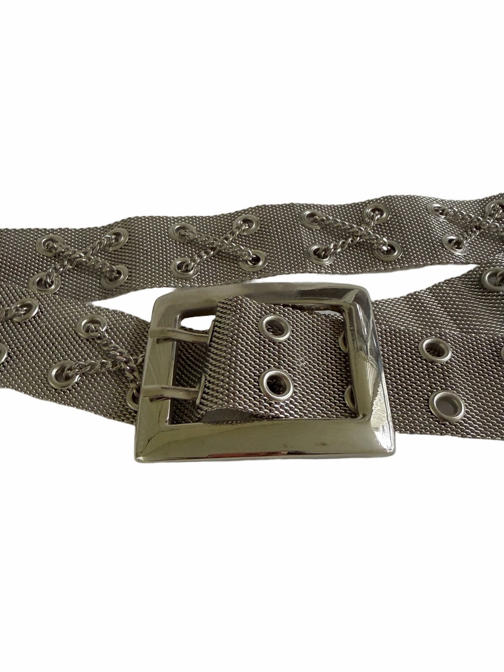 Vintage 90s Y2K Silver-Tone Chainmail Mesh Belt Laced X Double Grommet
